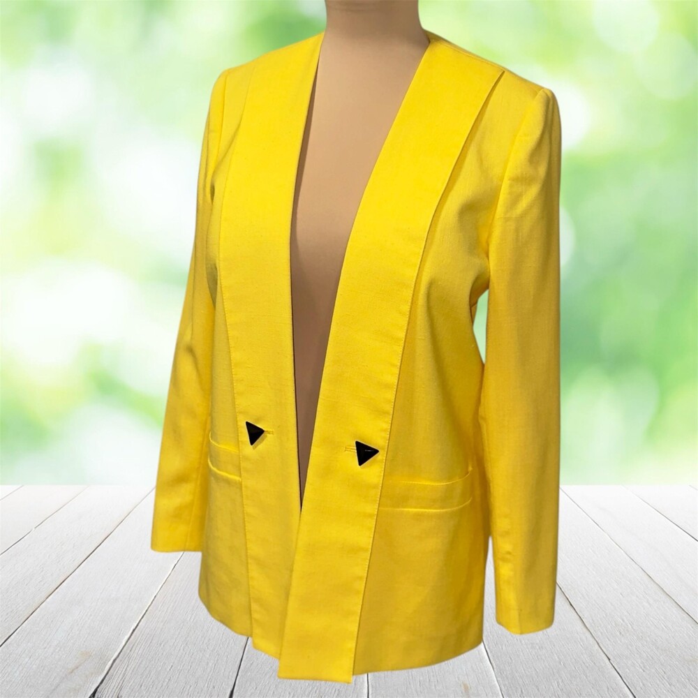 Vintage 80s SASSON Longline Blazer Open Front Bright Yellow Power Dressing Sz S - Picture 12 of 12